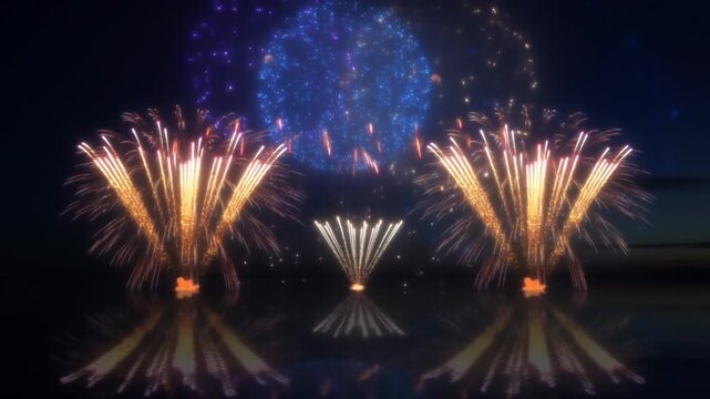 Static shot of fireworks exploding over calm lake water with vivid reflections at night during celebration