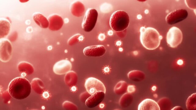Slow tracking shot of red blood cells flowing and circulating through bloodstream inside artery and capillary vessels in microscopic view