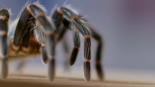 Slow motion tracking close up of tarantula walking across wooden tabletop surface in indoor macro studio setting