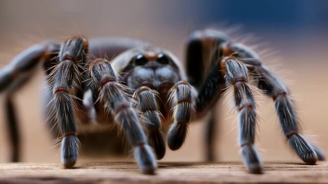 Tracking slow dolly close up of tarantula walking across wooden plank table with shallow depth of field