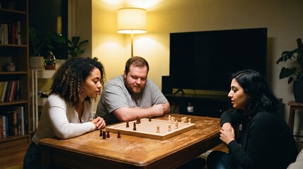 Obraz premium Three diverse friends playing a strategy board game on a wooden table in a cozy living room at night, representing social interaction and indoor leisure activities.