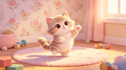 Fototapeta premium Adorable fluffy kitten waving cheerfully in warm sunlit floral room with pastel toys and soft decor