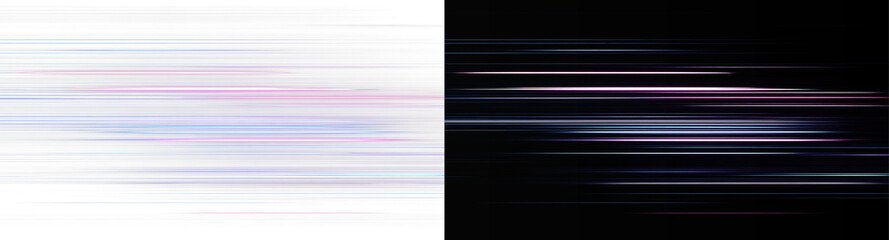 Horizontal light speed lines in blue and pink isolated on white and black background. Abstract glowing motion blur light trails set. Futuristic horizontal light streaks overlay  © Olena