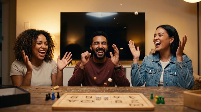 Diverse friends laughing and cheering while throwing dice during a board game night at home, representing social leisure and indoor entertainment concept.