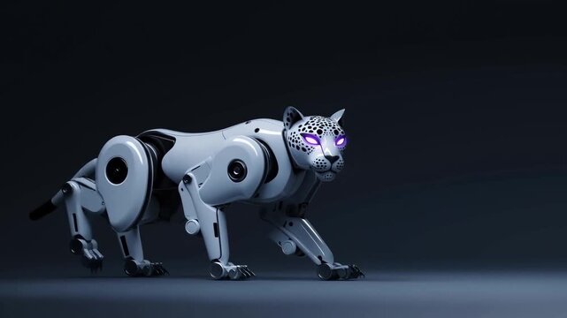 Tracking shot of robotic leopard prowling across dark studio floor with purple illuminated eyes