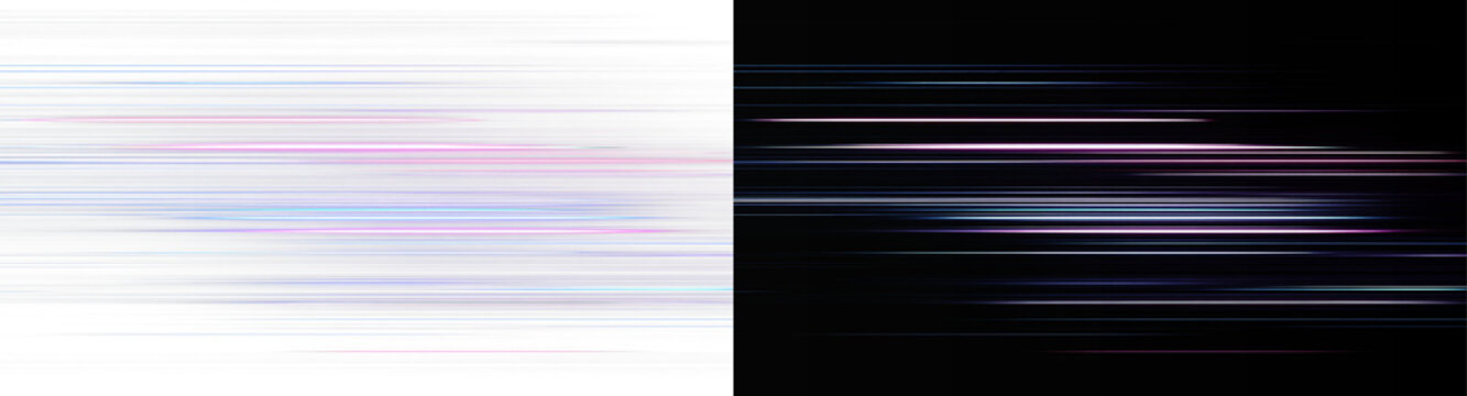 Horizontal light speed lines in blue and pink isolated on white and black background. Abstract glowing motion blur light trails set. Futuristic horizontal light streaks overlay 