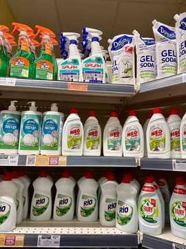 02.08.2026 Ukraine Kharkov Household Cleaning Products and Detergents on Supermarket Shelves