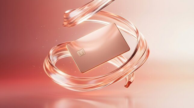Premium Rose Gold Credit Card Floating in Abstract Swirling Liquid Glass Ring 3D Rendering

Description