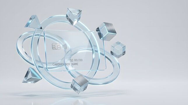 Futuristic Transparent Credit Card Mockup with Floating Glass Geometric Shapes 3D Rendering