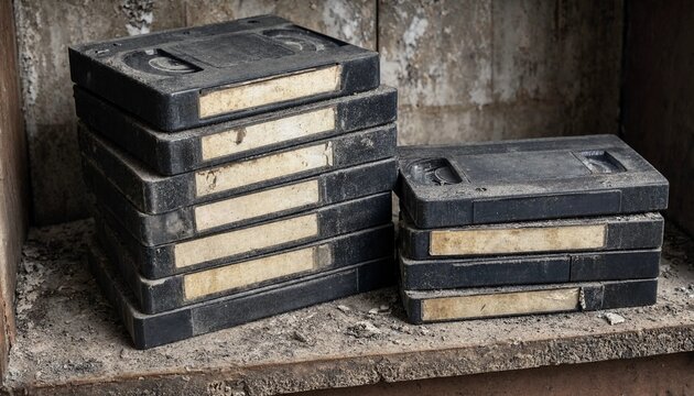 Stack of dusty old VHS tapes showing signs of age and neglect indoors