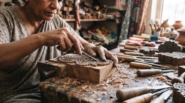 Female woodcarver focusing on detailed wood block pattern in workshop