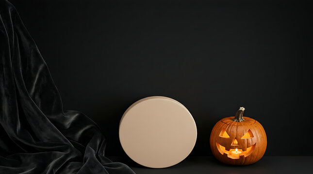 Jack-o'-lantern and a circular beige display stand are positioned on a dark surface with a draped black fabric on the left side, presenting a spooky yet sophisticated Halloween product presentation.