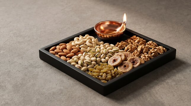 Diwali snack mix with nuts and dried fruits on a decorative tray