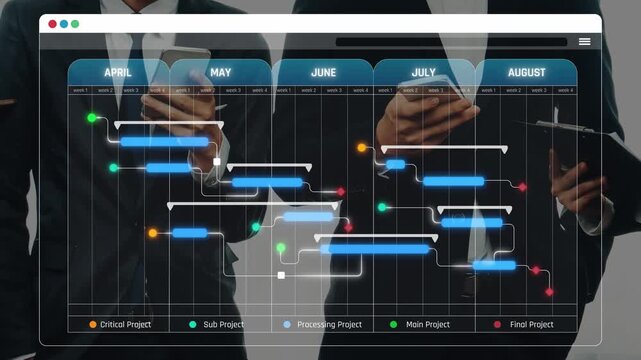 Business professionals collaborating on project management timeline with Gantt chart illustration on digital screen, illustrating months from April to August with tasks Sigmoid