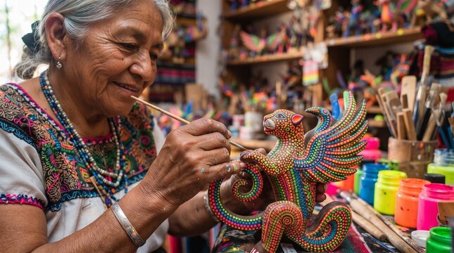 Close up of an indigenous woman painting an intricate wooden alebrije figurine