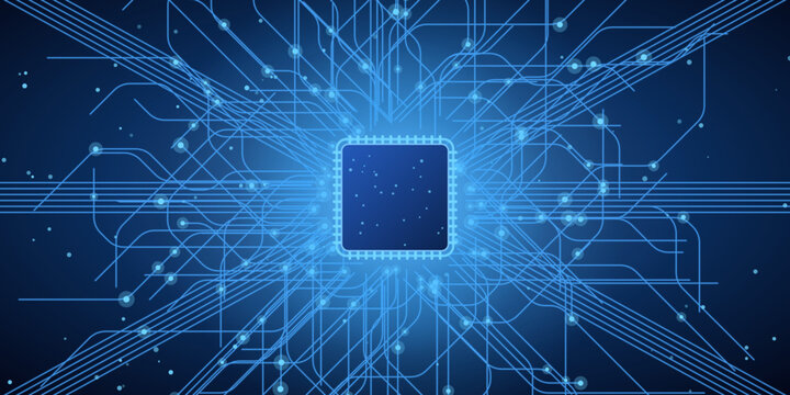 Luminous blue AI microchip background with a motherboard, a detailed motherboard circuit with a central processor, abstract tech concept for banner, website and branding, edition 3.