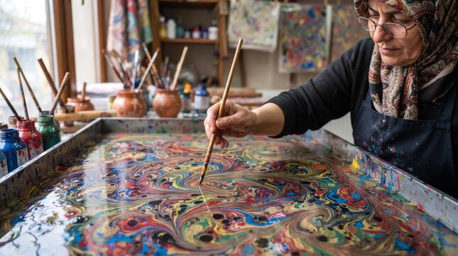 Artist using brush to create marbled pattern in water tray with marbling