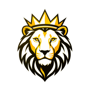 Majestic lion head logo with golden crown, regal king lion mascot illustration, powerful animal emblem for branding