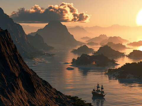 sunset over the sea with sailing ship