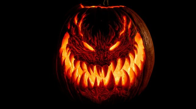 Intricately carved pumpkin with a fierce, glowing face against a dark, isolated background