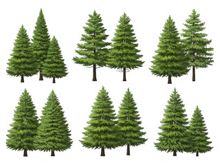 Fototapeta premium Collection of illustrated evergreen trees on transparent background for design projects