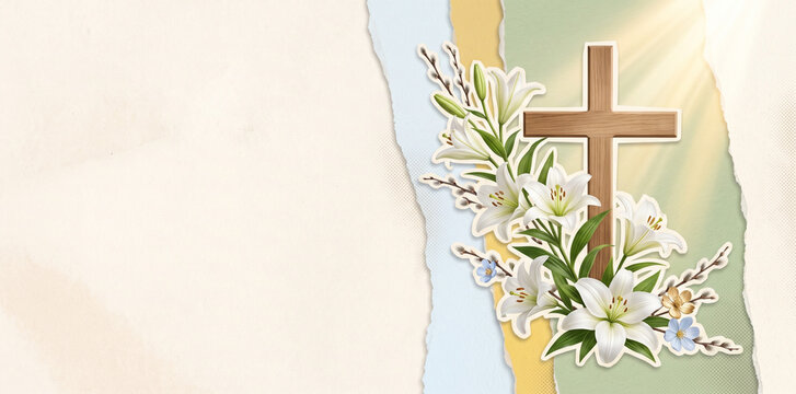 Christian Easter cross with lily flower arrangement in elegant spring collage with wide copy space