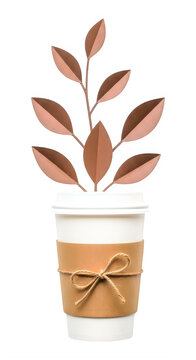 Eco friendly coffee cup with paper plant sprout and twine bow on transparent background