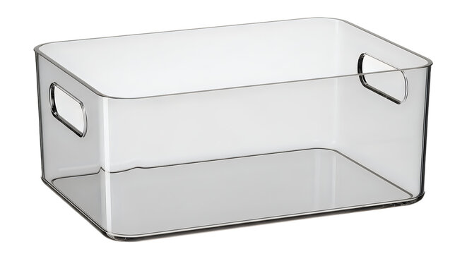 Empty clear plastic storage box with handles on transparent background