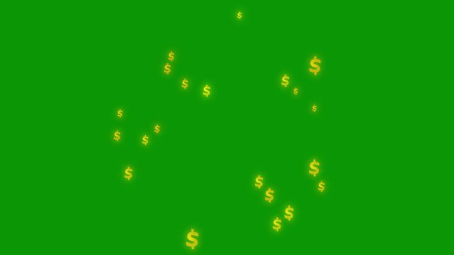 Dynamic golden dollar sign rotation on green screen background, 3D USD symbol falling and looping, vibrant wealth animation, 4k cinematic money particle transition, seamless loop.