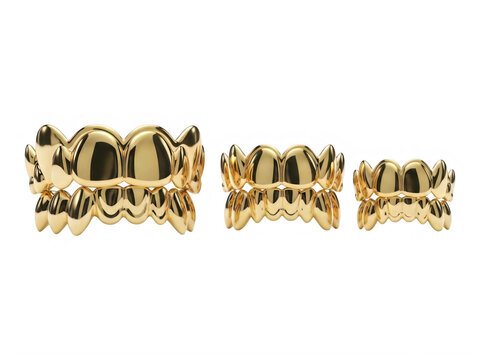Shiny gold grillz dental jewelry set isolated on transparent background