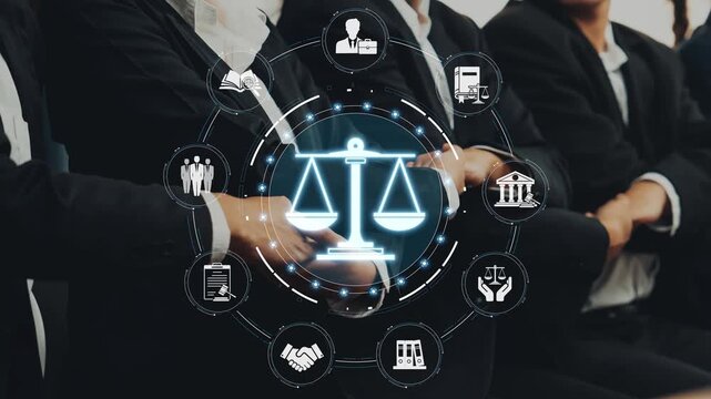 Professional legal team with digital justice icons highlighting scales of justice and law, representing fairness and equality in the legal system Sigmoid