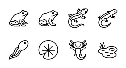 Obraz premium Amphibian Icons Set: Frogs, Lizards, Tadpoles, Axolotl, Pond Life Vector Collection