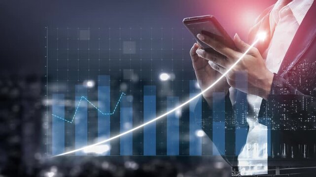 Business professional examines stock market trends on smartphone with a city skyline at night, visually represented by a growing finance graph overlay. Copula