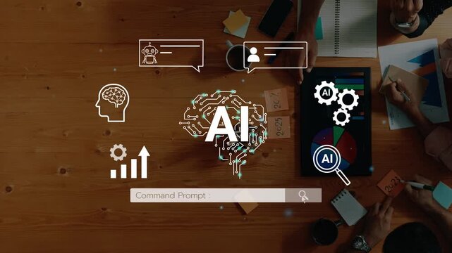 Modern Workspace with AI Concept Illustrations Featuring Brain, Charts, Gear Icons and Command Prompt on Wooden Table with Diverse Hands. Entropy.