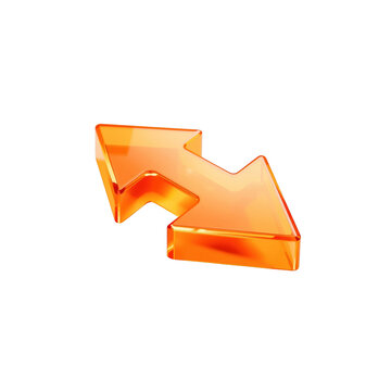Glossy orange glass double arrow symbol pointing in opposite directions isolated on a plain black background surface isolated on a transparent background