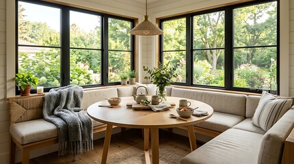 Fototapeta premium Cozy breakfast nook with circular wooden table and built in corner seating.