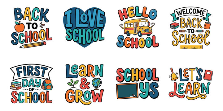 Set of colorful back to school typography designs isolated on transparent background silhouette