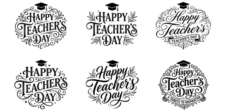 Set of happy teachers day typography designs with graduation caps isolated on transparent background silhouette
