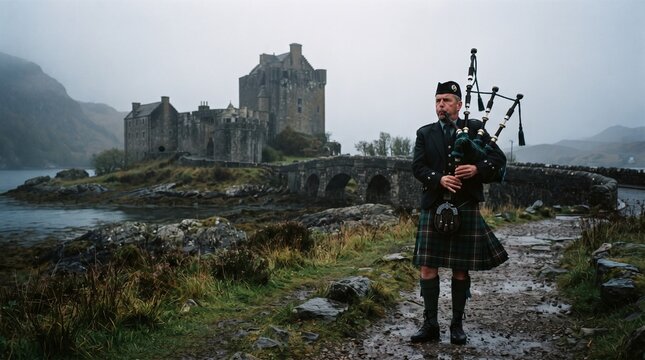 Scottish highlander standing near eilean donan castle in foggy weather