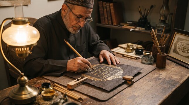 Skilled calligrapher writing traditional arabic script with ink and quill
