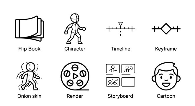 Animation Icons Set: Flip Book, Character, Timeline, Keyframe, Onion Skin, Render, Storyboard, Cartoon