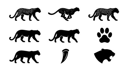 Obraz premium Black Panther Vector Icons, Silhouette Set: Walking, Running, Roaring, Paw Print, Claw