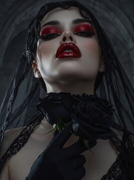 Close-up profile portrait of a gothic fantasy woman holding a red rose near her lips, with dark hair, red lipstick, and dramatic eye makeup
