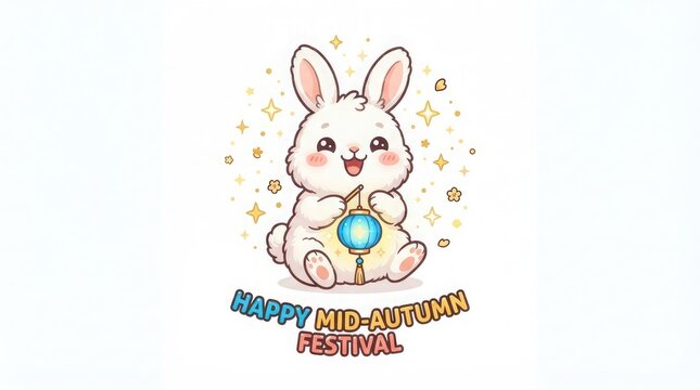 A cute hand drawn illustration of a rabbit holding a lantern celebrating the traditional mid autumn festival in china for festive decorations