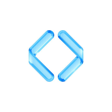 Glowing blue glass coding brackets symbol isolated on black background, for programming and, software development themes isolated on a transparent background
