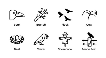 Fototapeta premium Bird Icons Set: Beak, Nest, Flock, Scarecrow, Branch, Clever, Fence Post, Cow