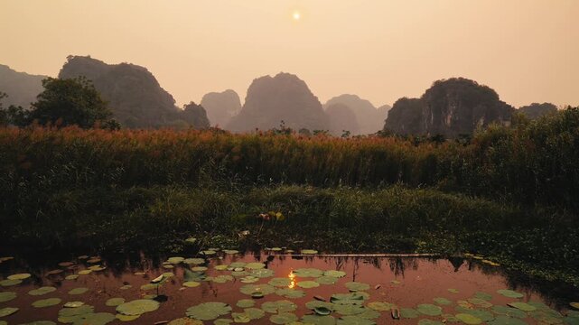 Sunset in Ninh Binh, North Vietnam with reflection in a lotus pond