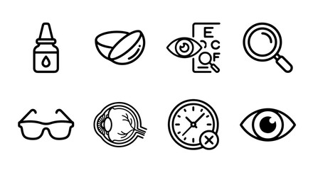 Fototapeta premium Eye Care Icons Set: Vision Health, Optometry, Eyeglasses, Contact Lenses, Eye Exam