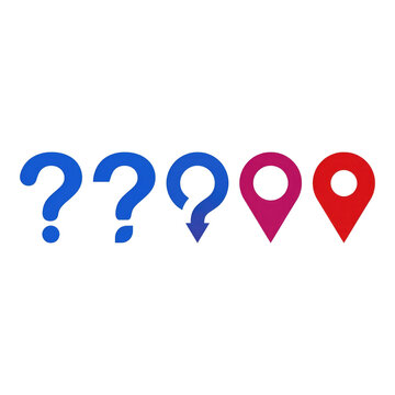 Blue question mark morphing into red map pin markers for navigation search and destination discovery concept