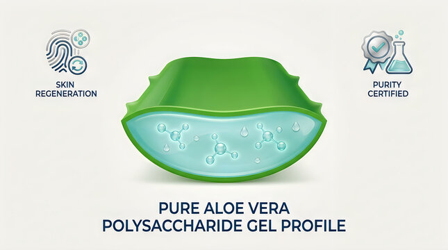 Pure aloe vera polysaccharide gel slice with skin regeneration icons